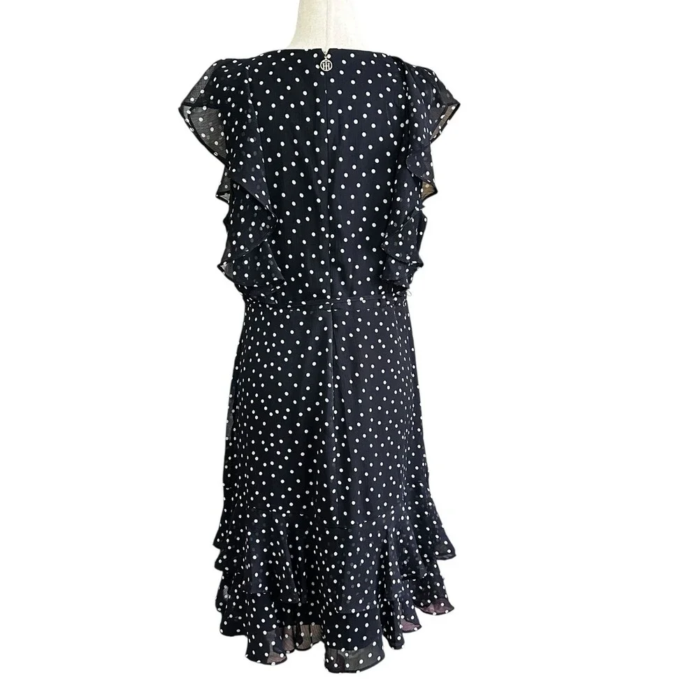Tommy Hilfiger Blue Polkadots Lined Chiffon Blouson Dress Womens Size 14 | 74-23